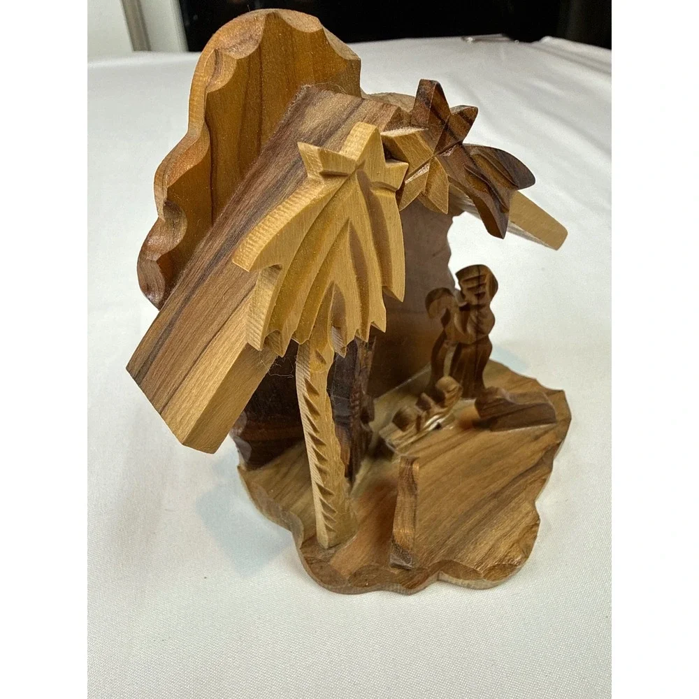 Hand Carved Olive Wood Nativity Scene Small Rustic Christmas Stable Ornament